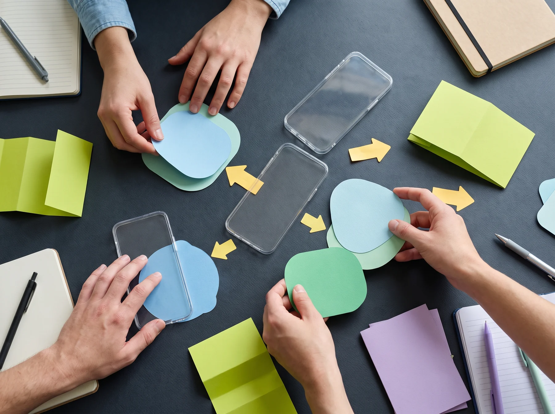 Hands arranging colorful product planning cards