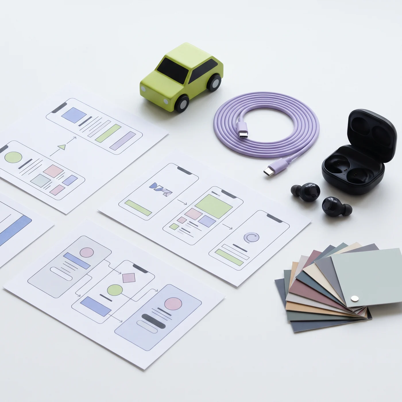Mobile app wireframes and small green objects on a work table