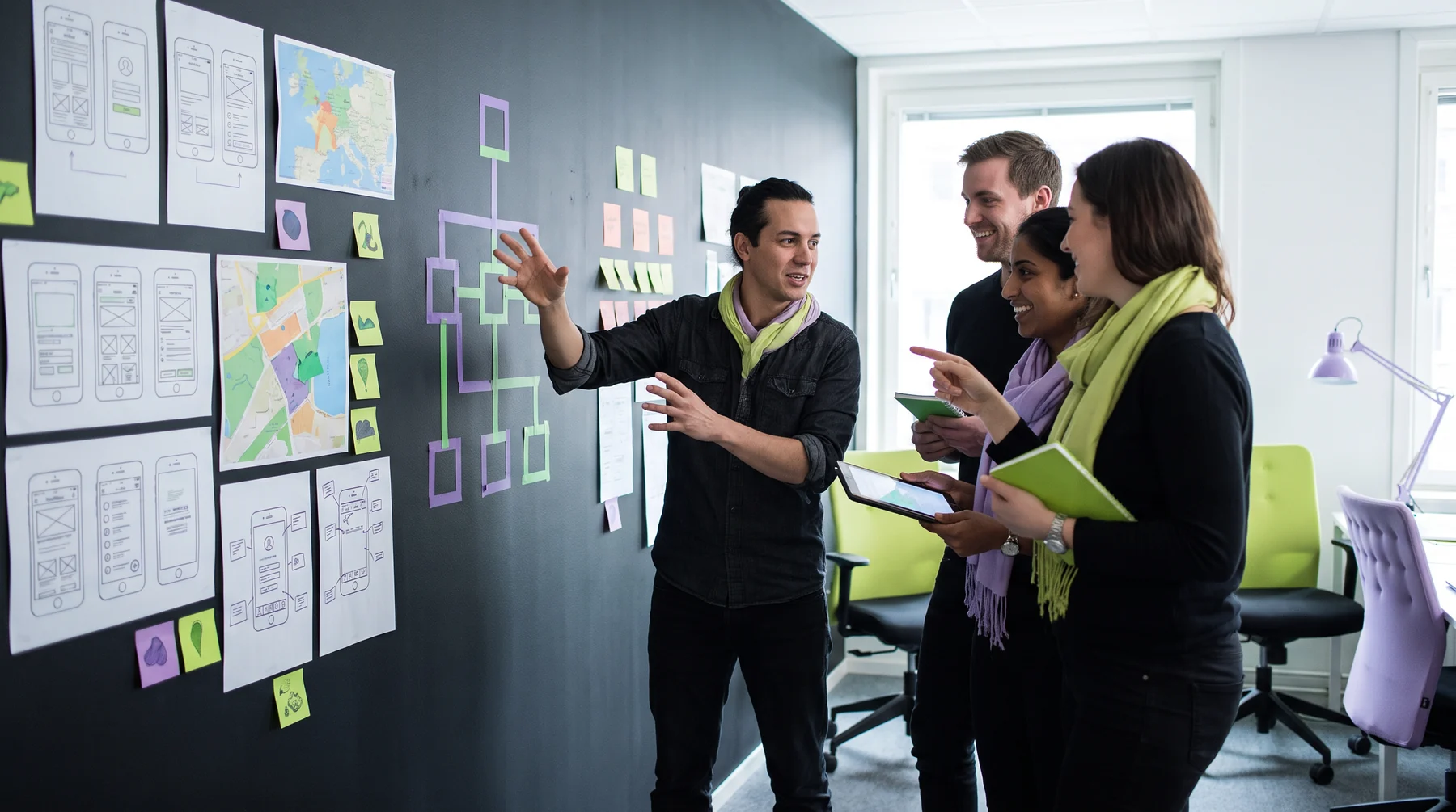 Team discussing a board of mobile product plans